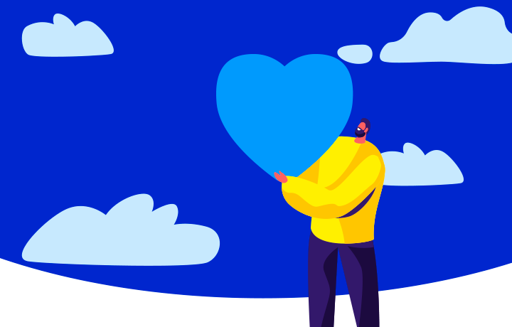 Ilustração com fundo azul, 1 personagem masculino segurando um coração.