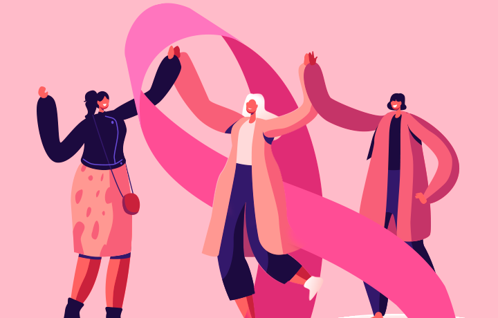 Ilustração com fundo rosa, 3 personagens femininas com os braços erguidos segurando as mãos e com a fita do outubro rosa entre elas.